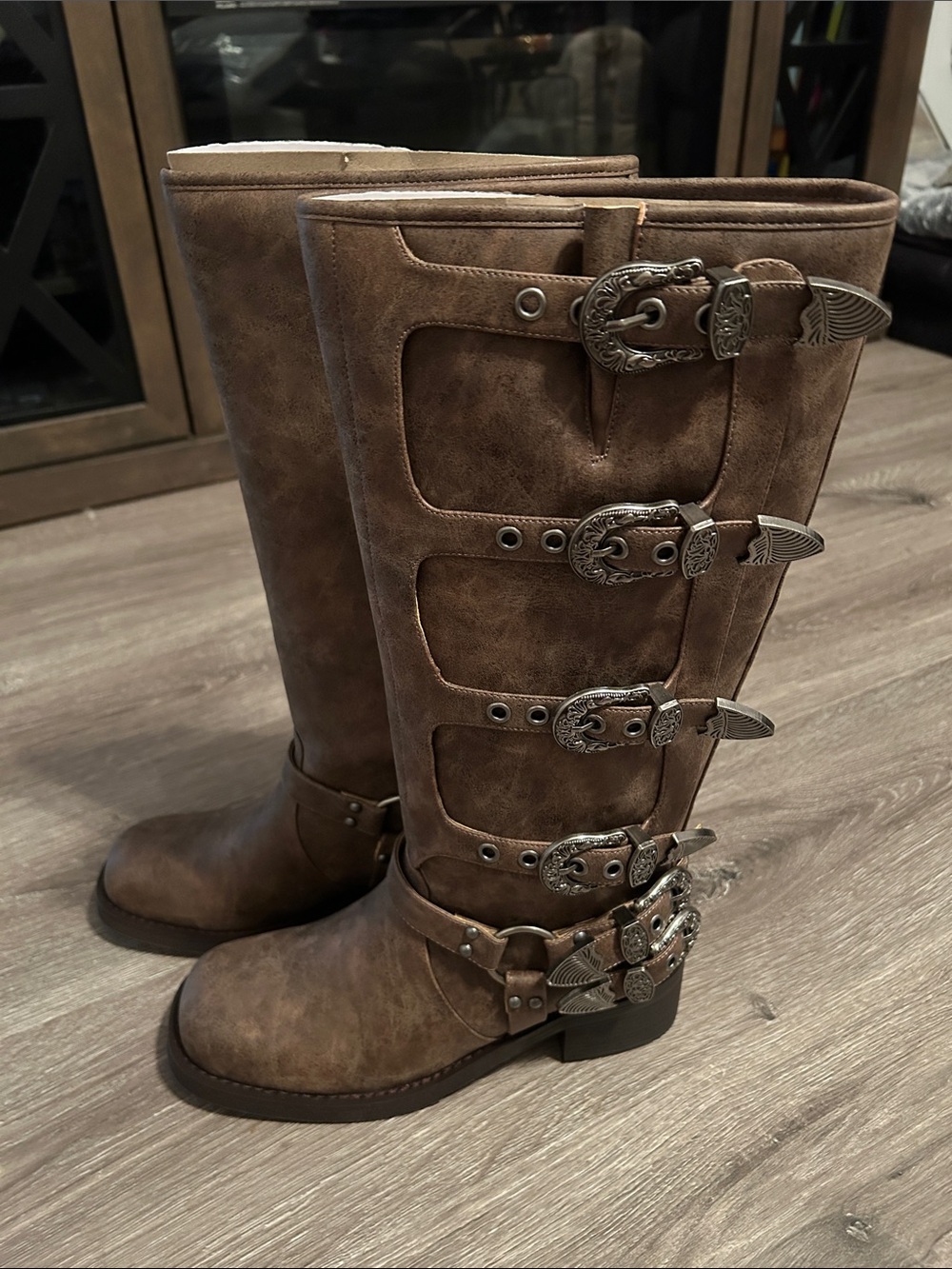 Women's Brown Buckle-Detail Riding Boots